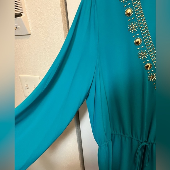 🟡MICHAEL KORS LOVED AUTHENTIC TEAL EMBELLISHED TUNIC V-NECK EMBELLISHED BLOUSE - Picture 8 of 14